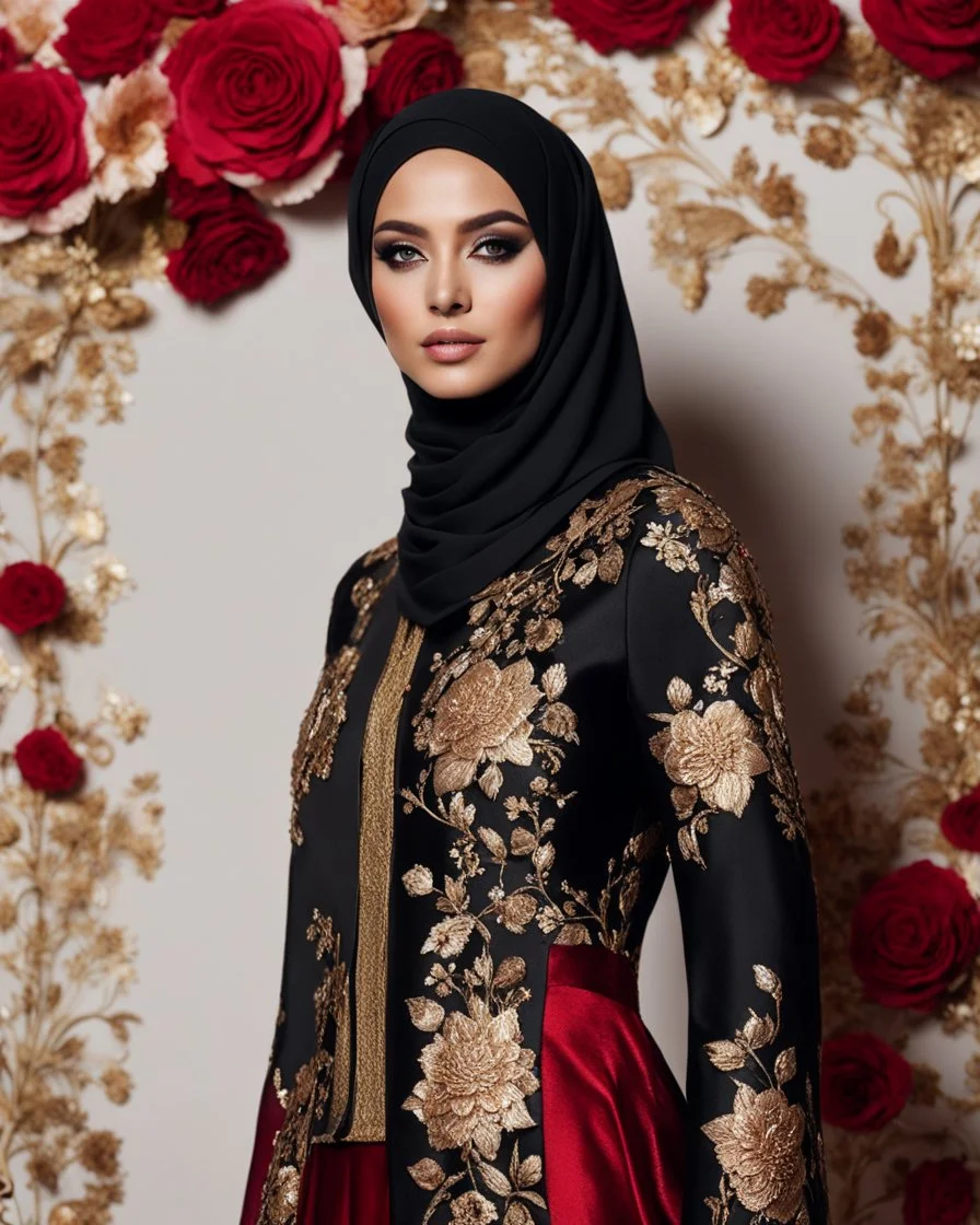 Luxury potrait of a beautiful super model hijab beauty makeup cosmetic,she wearing islamic a luxurious details pattern color gold and black casual jacket with designed large flower details that resemble roses.The dress has an asymmetrical design with one sleeve and a flowing skirt.background of the image shows a red carpet event with floral decorations,close-up portrait