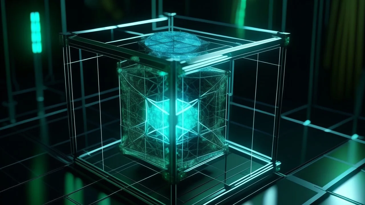 Cube tesseract from movie Loki. Tesseract size third part of image size. Located strictly in the middle of picture with space around it and with navy blue/green glow inside tesseract. Without surface/table on which it stay.