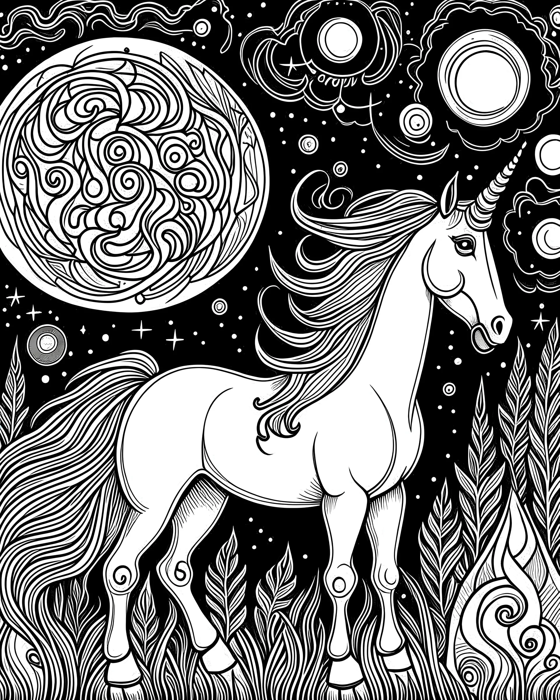 B/W COLORING PAGE celestial UNICORN HORSE FULL BODY, dark NIGHT BACKGROUND , WHITE CLOUDS moon