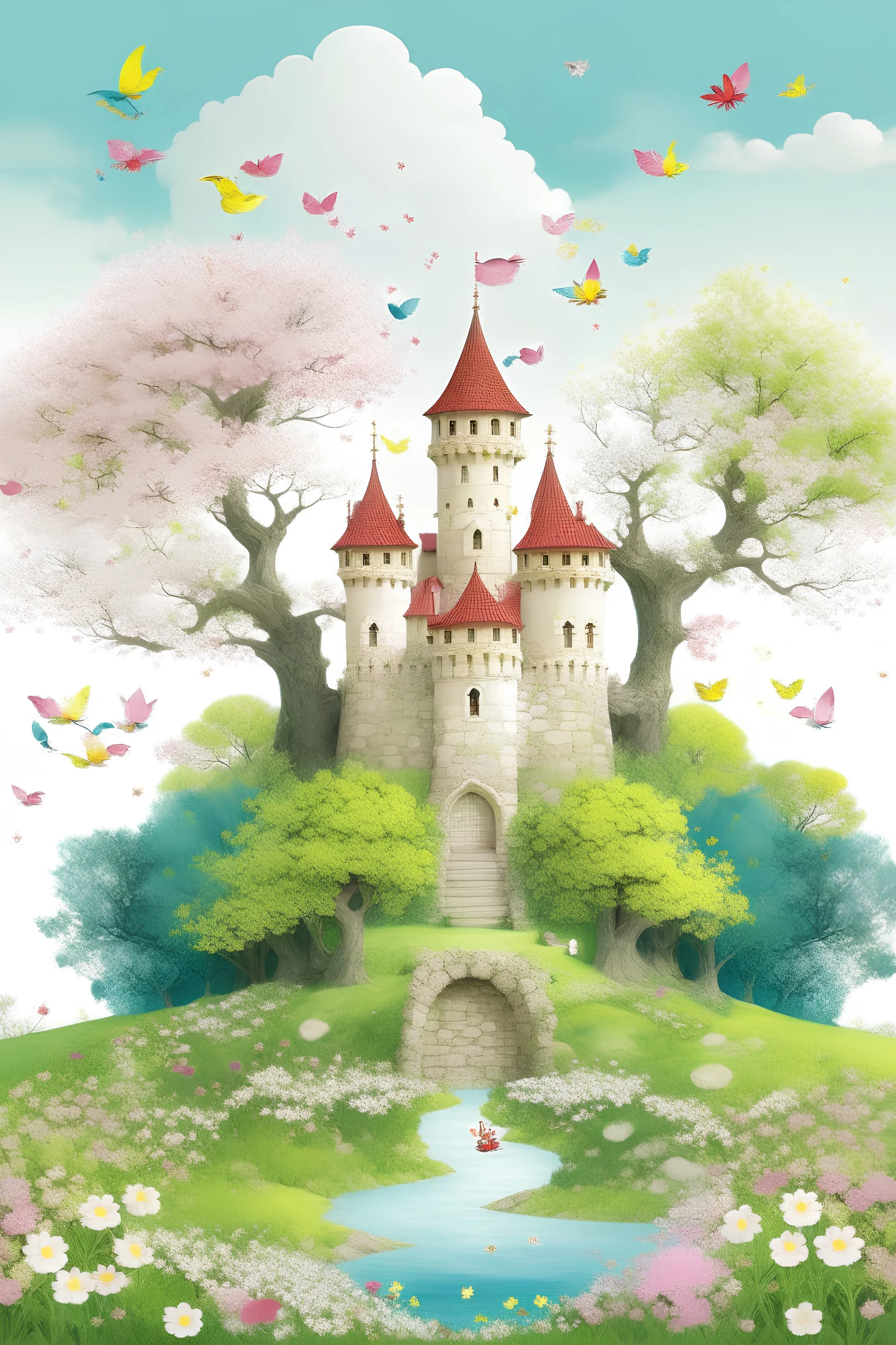 在图片中有城堡、大树、河流、小桥、公主。天空中飘着朵朵白云，在白云中隐藏着一个漂浮的童话城堡。有一颗大树挺拔而茂密，树冠下是一片清爽的草坪，上面散落着五颜六色的花朵。大树上有一只小松鼠，它正好奇地凝视着天空中的城堡。 一条清澈见底的小河蜿蜒流过，河水清澈透明。河中游弋着一只纯白的天鹅， 河上有一座彩虹桥，，桥上有一位穿着五彩斑斓裙子的小公主和七个小朋友带着圣诞帽
