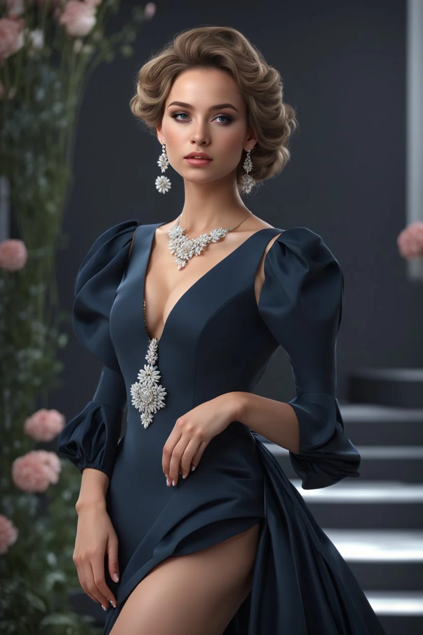 full body woman, from Russian Federation , elegant dress, elegant curled hair , 19 years old ,earring, no make up,8k, Candid avant garde portrait, charming woman, wearing Lovely Flower Diamond Pendant, octane render 3d, plastic material