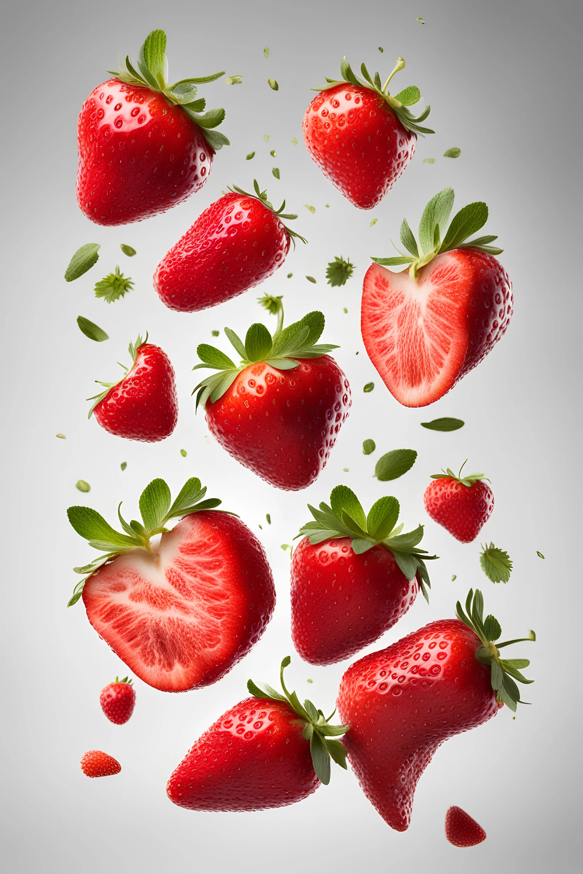 Whole and sliced strawberries in the air isolated on white background