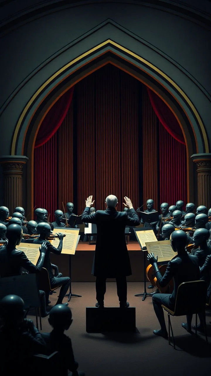 A stage of philharmonic by aliens players with a human conductor