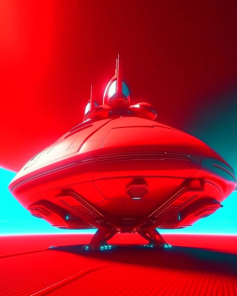 low view angle shot down from upper left front and showing the full vehicle, a RETROFUTURISTIC HOVERING CRAFT OF ALIEN ORIGIN, a beautiful look up modern is decorated with red abstract SKYLINE, all red background, , vray, raytracing