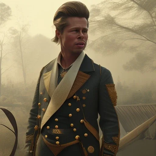 Full body, 3d render, Brad pitt 1800's men style, 1800's hair style, 1800's men clothes style, hyper realistic, octane render, unreal engine 5, 8k, palace background, uhd