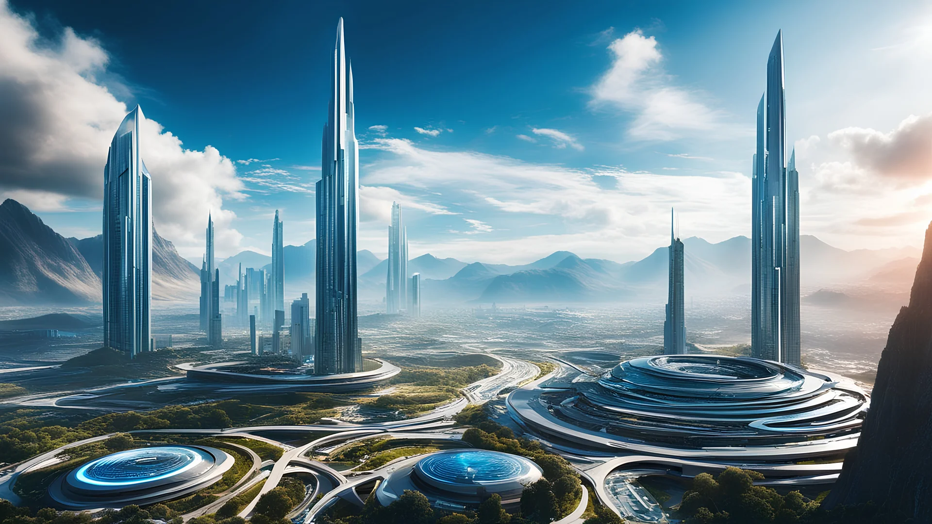 2024. Sci-fi fantasy: high-quality, futuristic image, a cityscape in the year 2050, with advanced technology seamlessly integrated into the architecture and lifestyle of the inhabitants, award-winning photograph, abstract image, beautiful composition, science-fiction, mountains, clouds, clear atmosphere, crisp focus, 35mm lens, adjust perspective