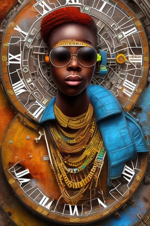 african portrait in rusted clocks, clock face, rust, scaffolding, ghana colours, cyberpunk, high detail