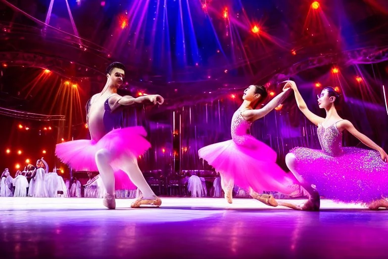 very beautiful a ballet male and female dancers couple in very pretty clothing dancing ,hyper realistic ,disco lights,very luxury dance stage ,with nice light sources and devices in stage, close up