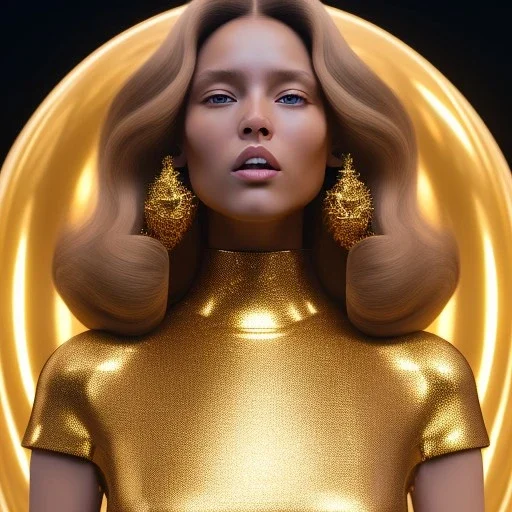 beautiful cosmic golden woman, long hair, nice smiling, magic glamour make up, delicate colors, beautiful glamour galactic golden dress, ultra sharp focus, 8k, unreal engine 5, extremely sharp detail, light effect, soft light atmosphere of a spaceship, smooth, full of details, face in front, complete vision of body