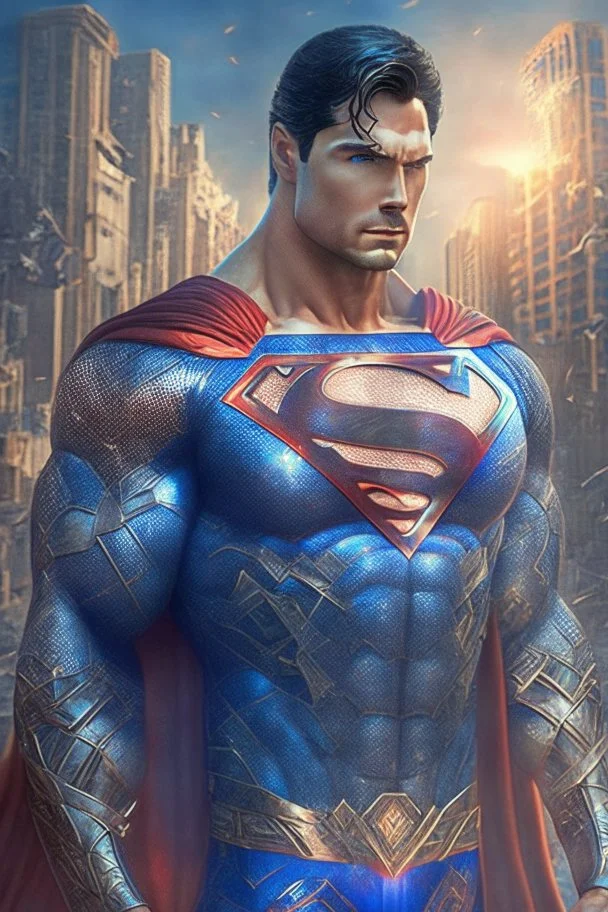 Superman.He looks forward with radiant eyes In a new, sophisticated suit سdecorated with a Mandala pattern. Strong, fit body. Muscles. A cinematic scene. A destroyed city scene