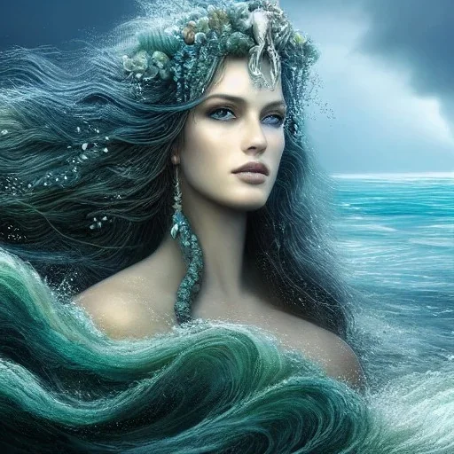 high-quality, fine-detail close-up portrait of gorgeous, stunning goddess of water, hair as stormy ocean, seaweed as flowing dress, 8k resolution, 3D octane render, intricate, digital art, detailed matte, volumetric lighting, George Grie, Anne Dittman, Anne Stokes, Lisa Parker, Selina French,