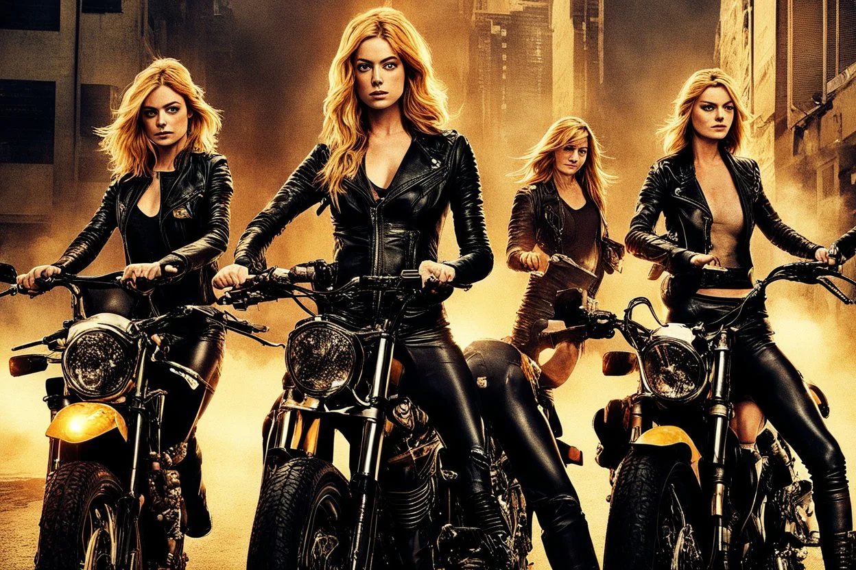 Poster for an action film called "The Motorbike Girls" starring Katherine McNamara, Margot Robbie and Georgia Henshaw wearing tight leather catsuits.
