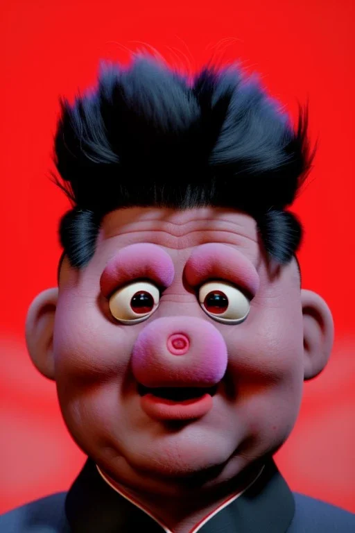 Waist up muppet Portrait, Kim Jong-un muppet doll, black suit, photo studio, red background, unreal engine 5, concept art, art station, god lights, ray tracing, RTX, lumen lighting, ultra detail, volumetric lighting, 3d.