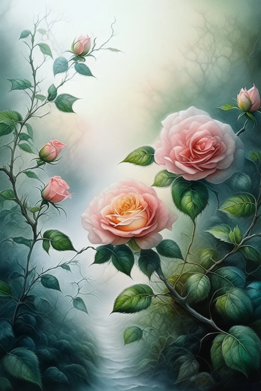 Watercolor, double Chinese rose bush, ultra-detailed, morning, rain, greenery, beautiful landscape, fog, many details, delicate sensuality, realistic, high quality, 3d, work of art, hyperdetalization, filigree, foggy haze background, hyperrealism, professional, transparent, delicate pastel tones, back lighting, contrast, fantastic, unreal, translucent, glowing, clear lines, epic fabulous, fabulous landscape, hyperrealism