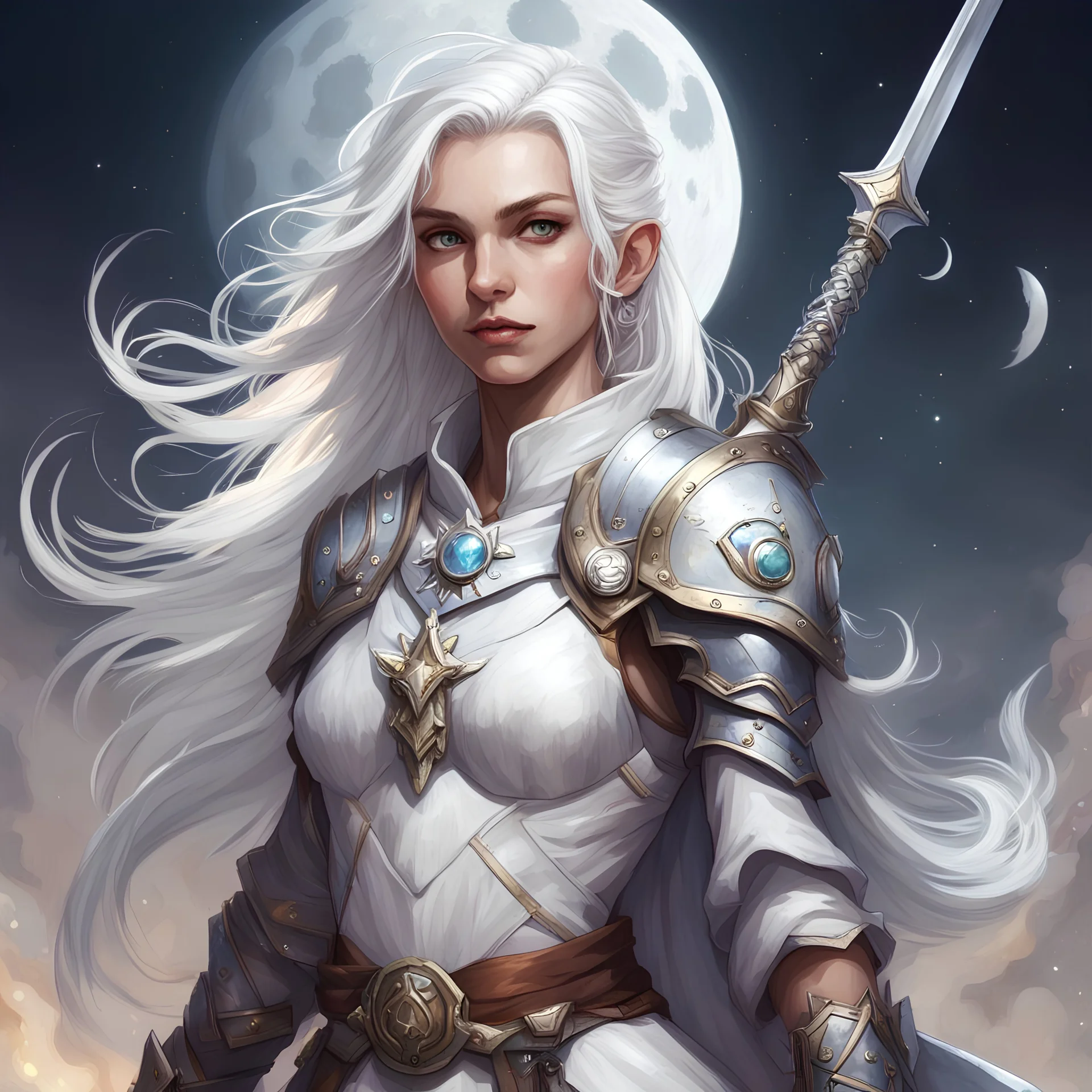 dungeons and dragons; human; female; cleric; moon goddess; healing; moonstones; armor; circuit; rapier; white hair