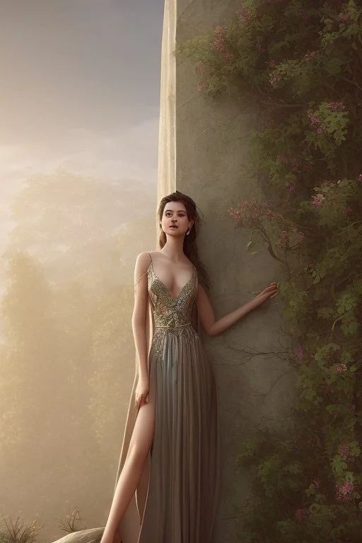 gentle pretty woman wearing ornament dress and posing casually on a stone wall, evening, style of Bastien Lecouffe-Deharme, d&d, 5e, highly detailed, portrait,