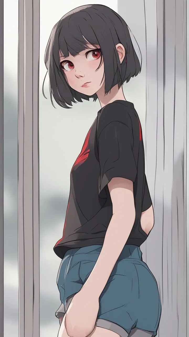 generate a full-length girl with gray-green sad eyes, with dark hair above the shoulders, a round face, not very plump lips, in a black T-shirt with a red print, short shorts, blue socks