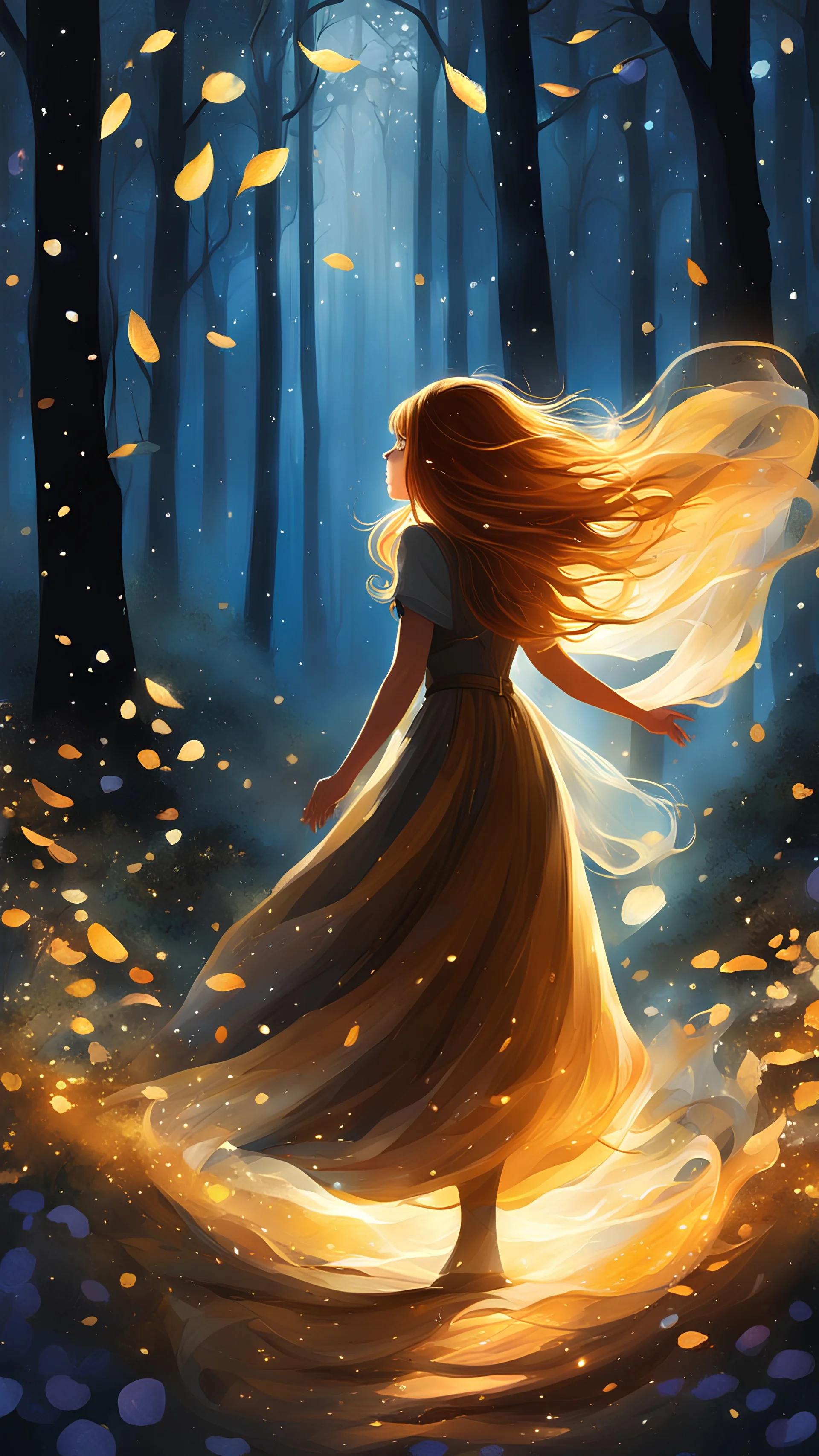 In the captivating children's illustration, a beautiful young girl with very long, shiny ocher hair stood gracefully, her silhouette visible as she peered out from behind a mysterious veil. She found herself surrounded by a magical forest, where strong gusts of wind swirled around her, causing colorful petals to dance and twirl in the air. Glowing lights illuminated the scene, adding an enchanting touch to the illustration. The use of digital painting techniques allowed the vibrant colors to com