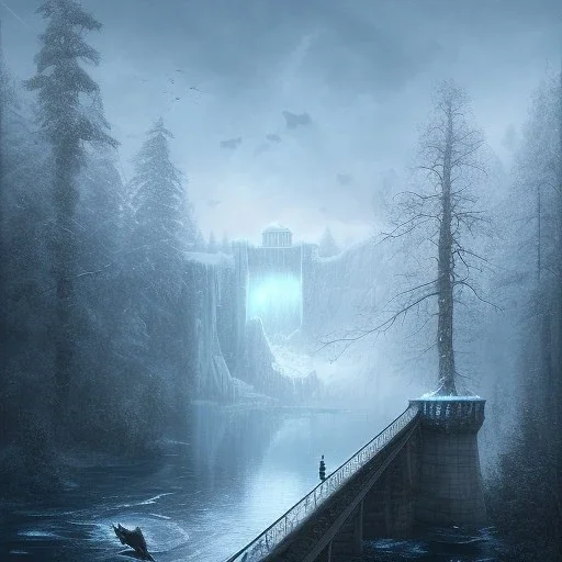 fantasy art, book cover, upper body of big mad wizard in front of the ebony stairs of a bridge or dam ,icy water, on the bridge is a wolf, there is also a hawk and everything is seen from the tree tops