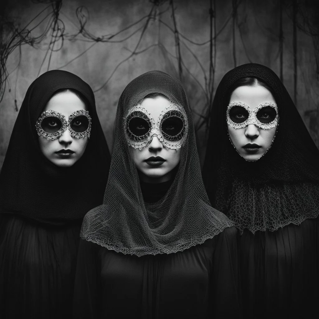 [The Norns] Vintage black and white photo of three young woman eerie figures wearing creepy masks and veils, one with a circular hole and the other with intricate wires and mesh, standing side by side in a dimly lit room, with a plain background, reminiscent of old horror photography, with a haunting and surreal atmosphere.