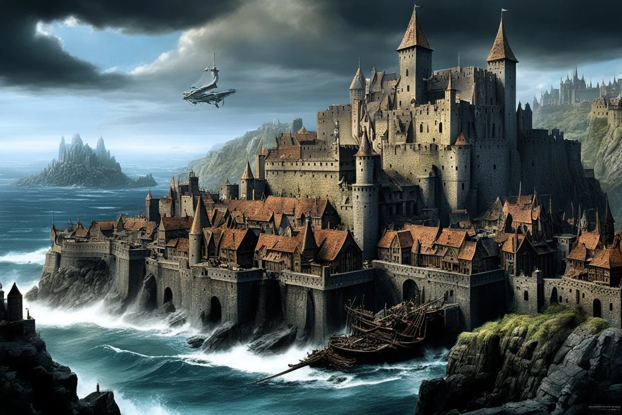 (photo of a movie by Ray Harryhausen) An epic, hyper-detailed panoramic conceptual digital painting of Aethelgard, an impregnable fortified medieval port city. Massive dark stone walls rise directly from the churning ocean, fortified with bastions, turrets, and ramparts. Gothic spires and densely packed timber houses are clustered within. The protected harbor is filled with hundreds of medieval sailing vessels (carracks, cogs, caravels), the main entrance guarded by two massive sea towers and a