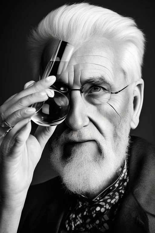 beautiful black and white photo portrait of an old man white hair with a wine glass in hand