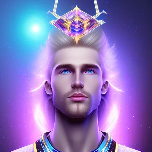 smiling beautifull long hair blond man face with small cristal diadem on the forehead , cosmic armor and cosmic purple and blue sky behind