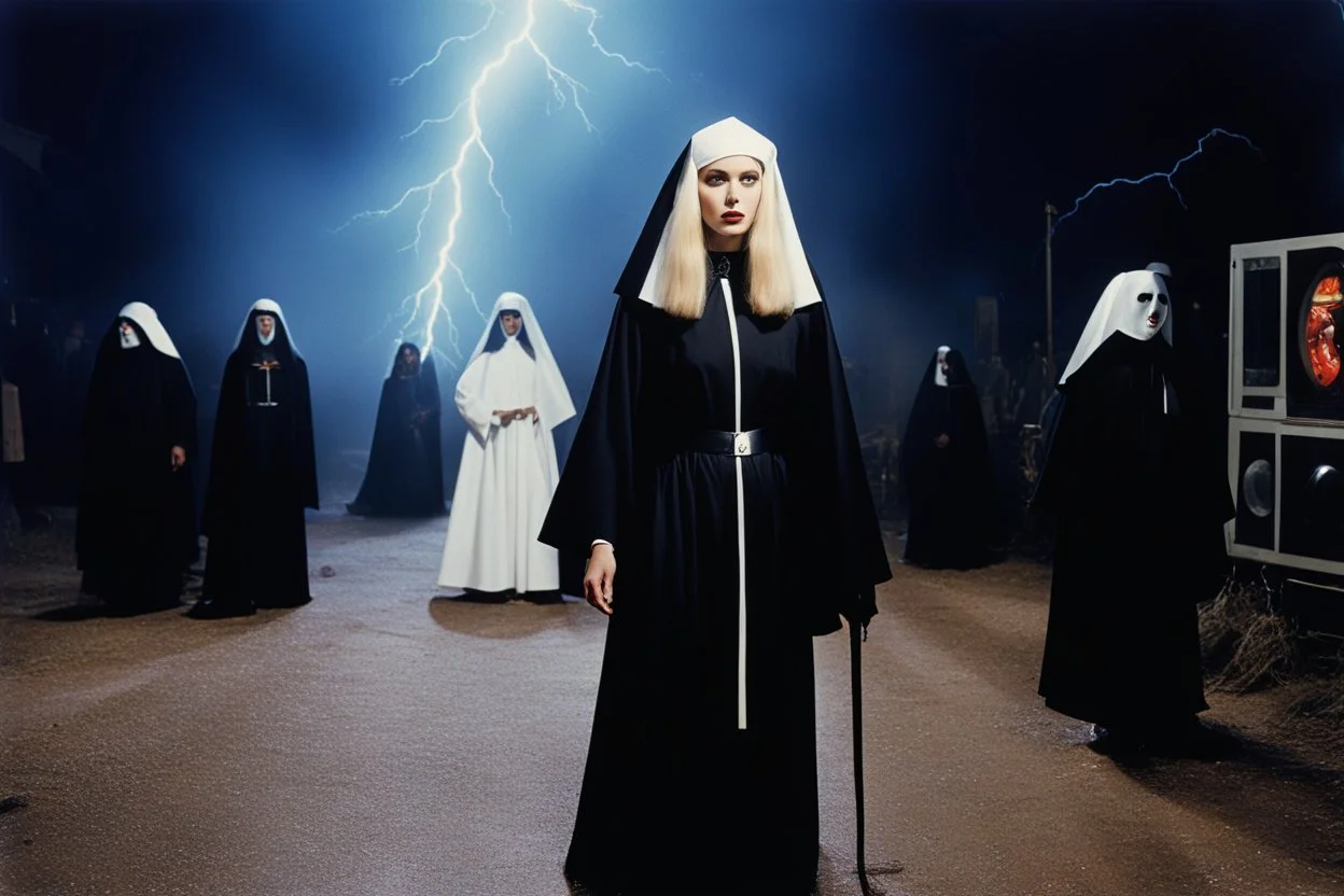 [color photo by Helmut Newton] In the eerie glow of the VHS recording, a chilling scene unfolded with scary giant mascot puppets and undead slime teddy bear mascots. A sexy 23-year-old nun, dressed in a black nun costume with 70s blonde hair, stood amidst bolts of electric arcs and glitter in the air with lightning crackling around her. The surreal mix of horror and beauty captured on film created a haunting tapestry of fear and fascination, blurring the line between reality and nightmare.