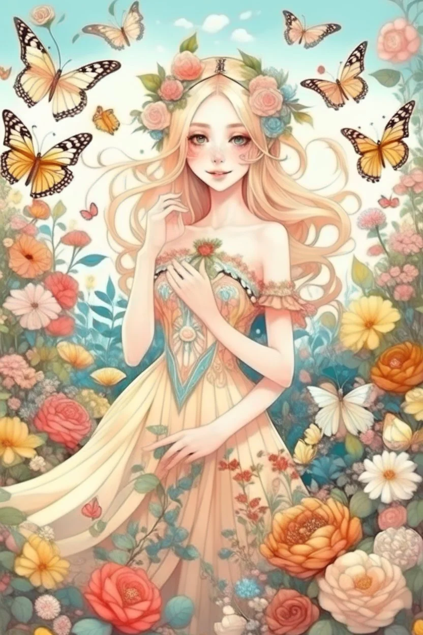 A beautiful gentle elf girl in a very beautiful airy dress, surrounded by fabulous flowers, plants, butterflies