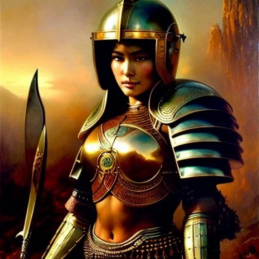 portrait ' beautiful busty Female Warrior',ancient metal armor and Helmet ,painting by gaston bussiere, greg rutkowski, yoji shinkawa, yoshitaka amano, tsutomu nihei, donato giancola, tim hildebrandt, oil on canvas, cinematic composition, extreme detail,fit full head inside picture,16k