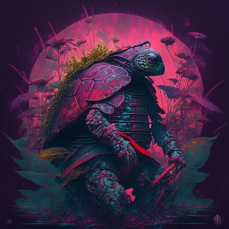 turtle samurai, iridescent, blood, futuristic, guts, wildflower, cosmic, intricate, darkred tones,sidhe, ominous, nature, plants, spce,