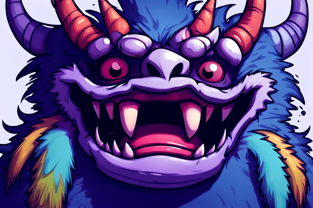 closeup of a smiling monster's face, big teeth, fur, bumps and horns, my pet monster inspiration, urban character design