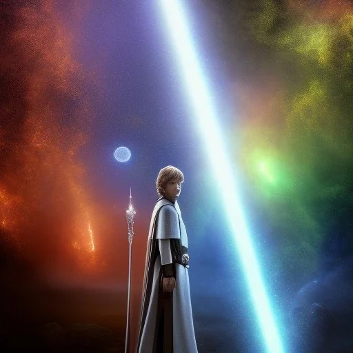 model shoot style, digital art zoomed out portrait of (young Luke Skywalker) ((dressed in jedi tunic)), surrounded by 100 planets, ultra-detailed, ultra quality, illustration, eerie atmosphere, 8k, cinematic lighting