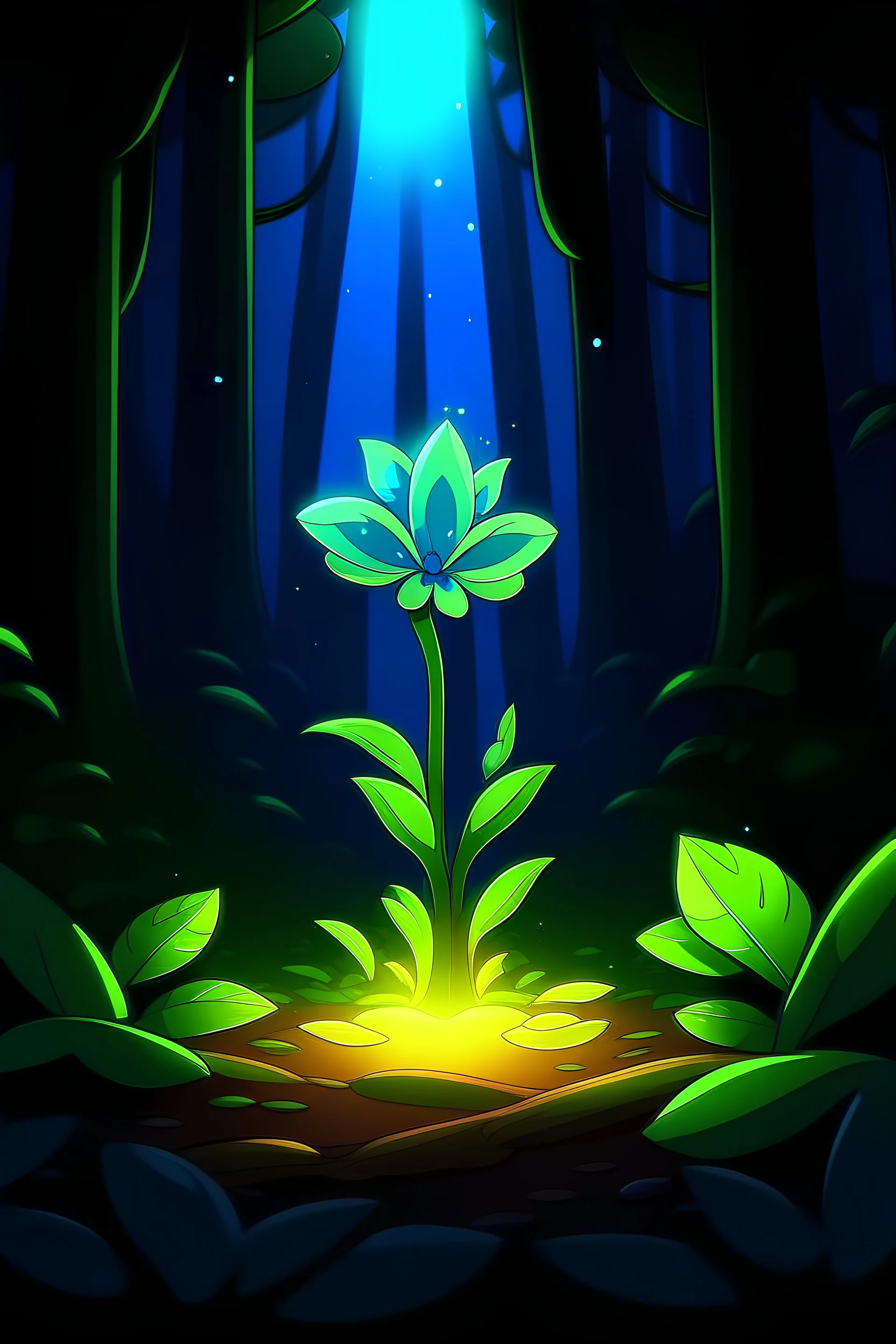 glowing plant in the middle of the forest, cartoon