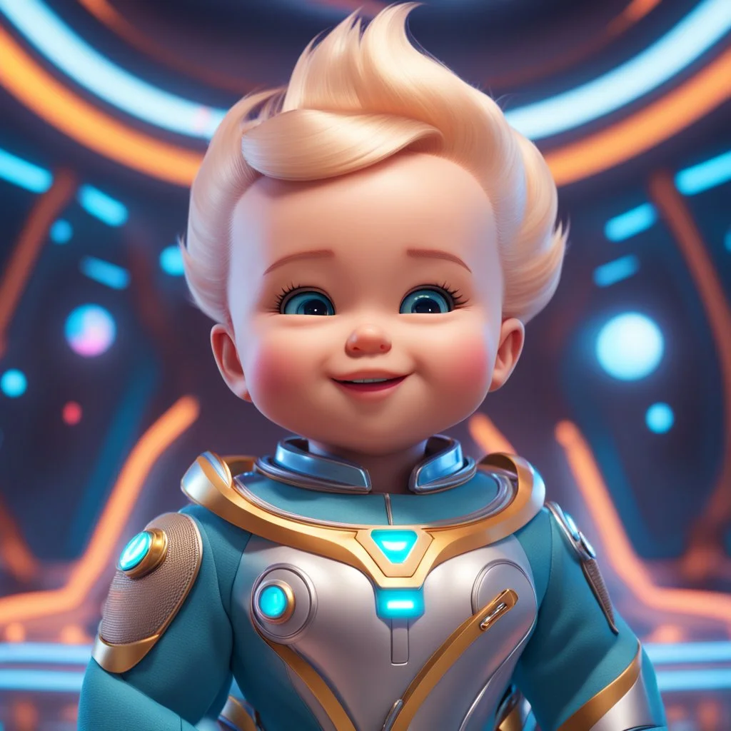 (masterpiece, best quality, 8k, RAW photo, beautiful and aesthetic:1.2), complex detail, Indirect light, photorealistic, (((full body))), Cosmic Boss Baby style smiling, Long clear curvy hair, colorfull Sci-Fi environment