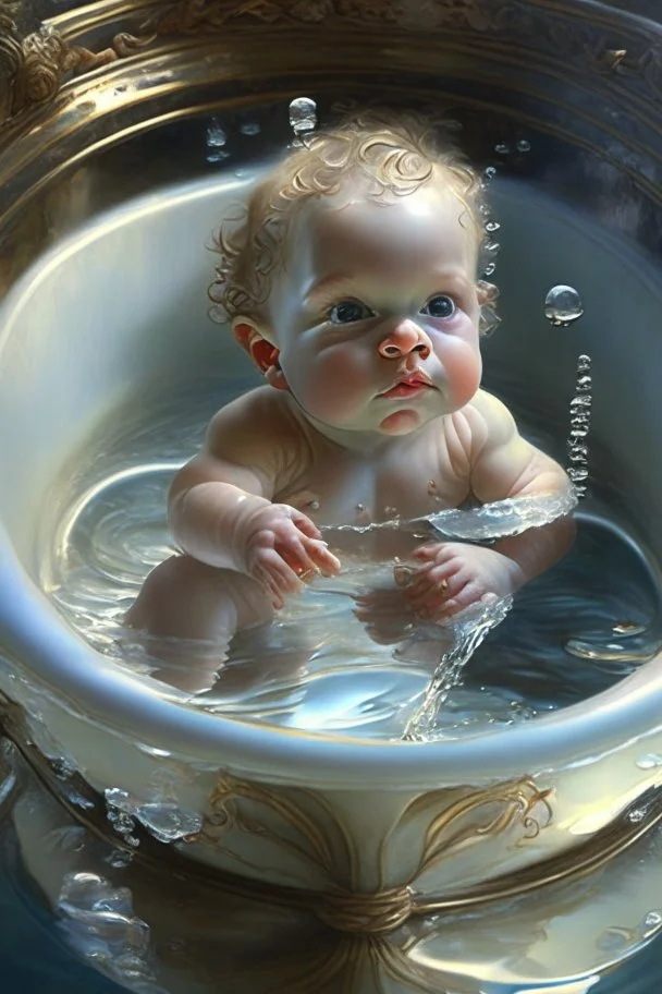 A cherubic infant preciously perched within the confines of a gleaming pristine basin of liquid delightfully immersed in a rambunctious game of water tinkering