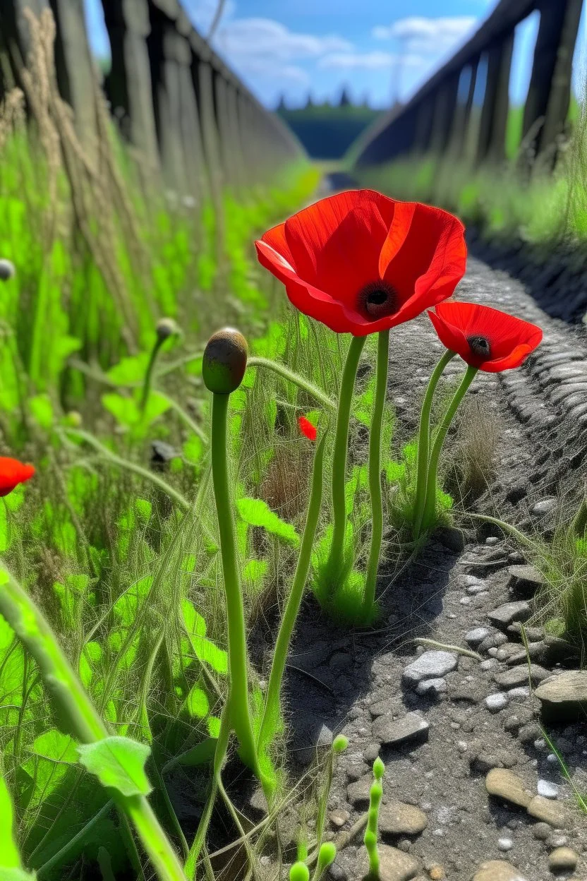 poppies growing out of a big abandon corroded old track