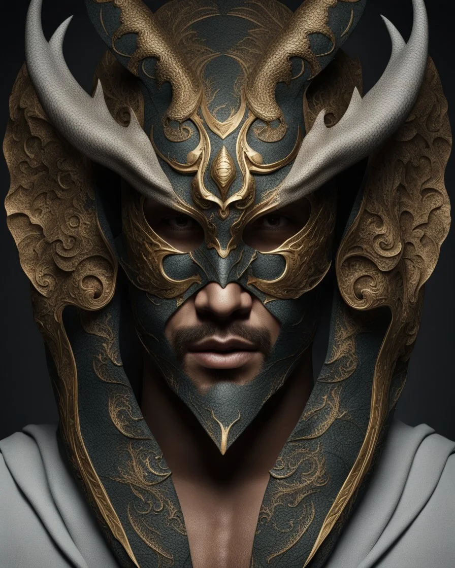 portrait of the dragon man with a stylized mask on his eyes and forehead. conceptual art, hyper detailed, ultra quality, 12k