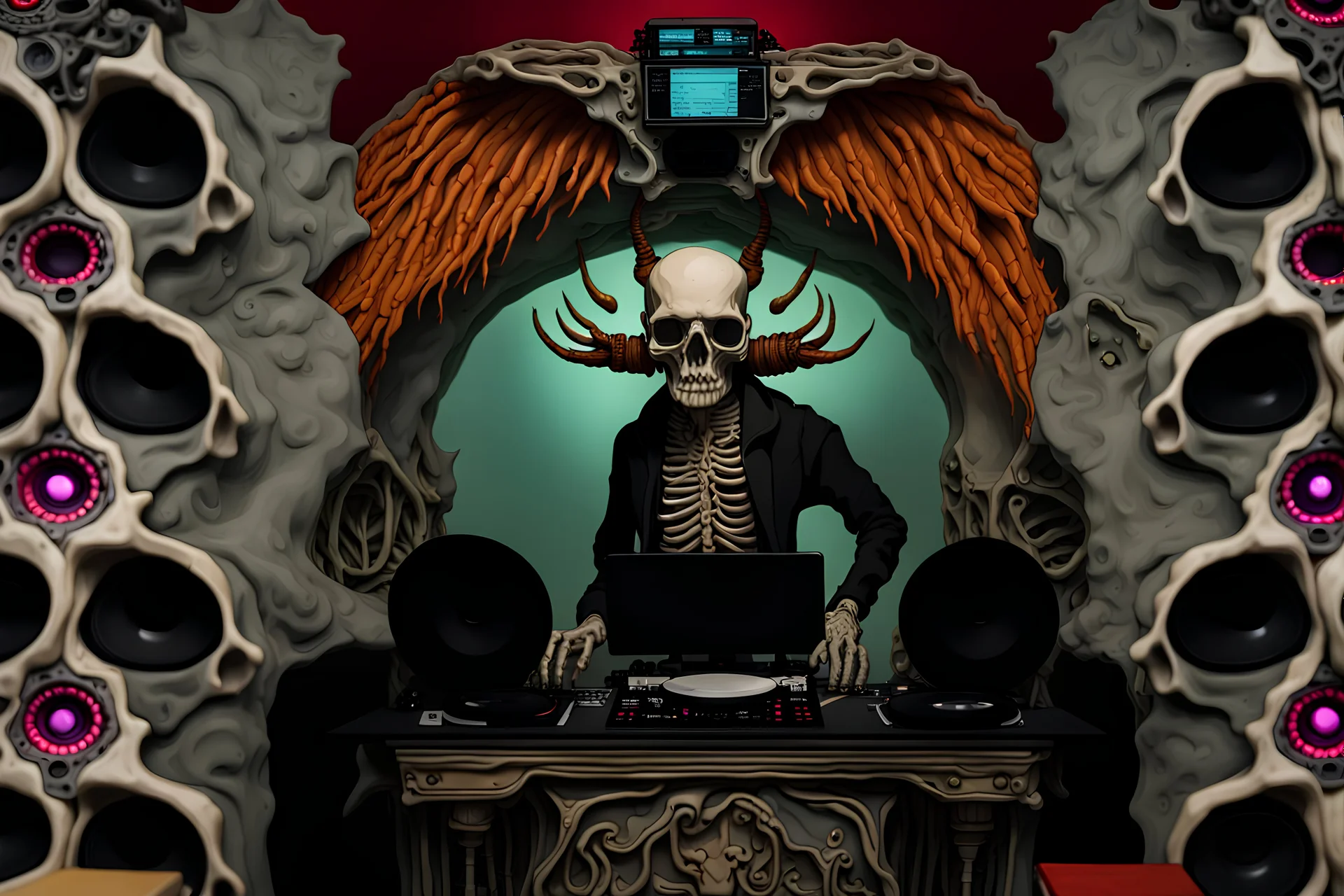 DJ of the damnded, insanely detailed DJ booth in hell, MID set, speakers and equipment made of bone, anatomically correct,