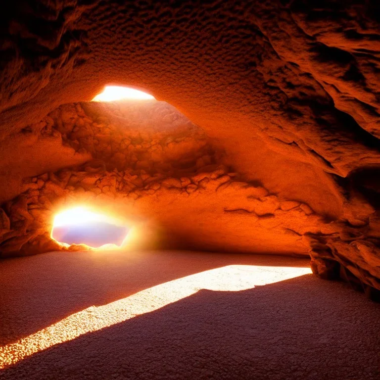 Cave in a desert mountain, hyper realistic, photography, rays, amazing lighting