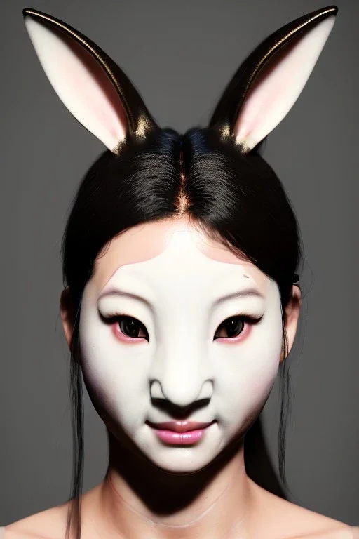 Chinese’s Rabbit mask, woman, photo studio, black background, unreal engine 5, concept art, art station, ray tracing, lumen lighting, ultra detail, volumetric lighting, 3d.