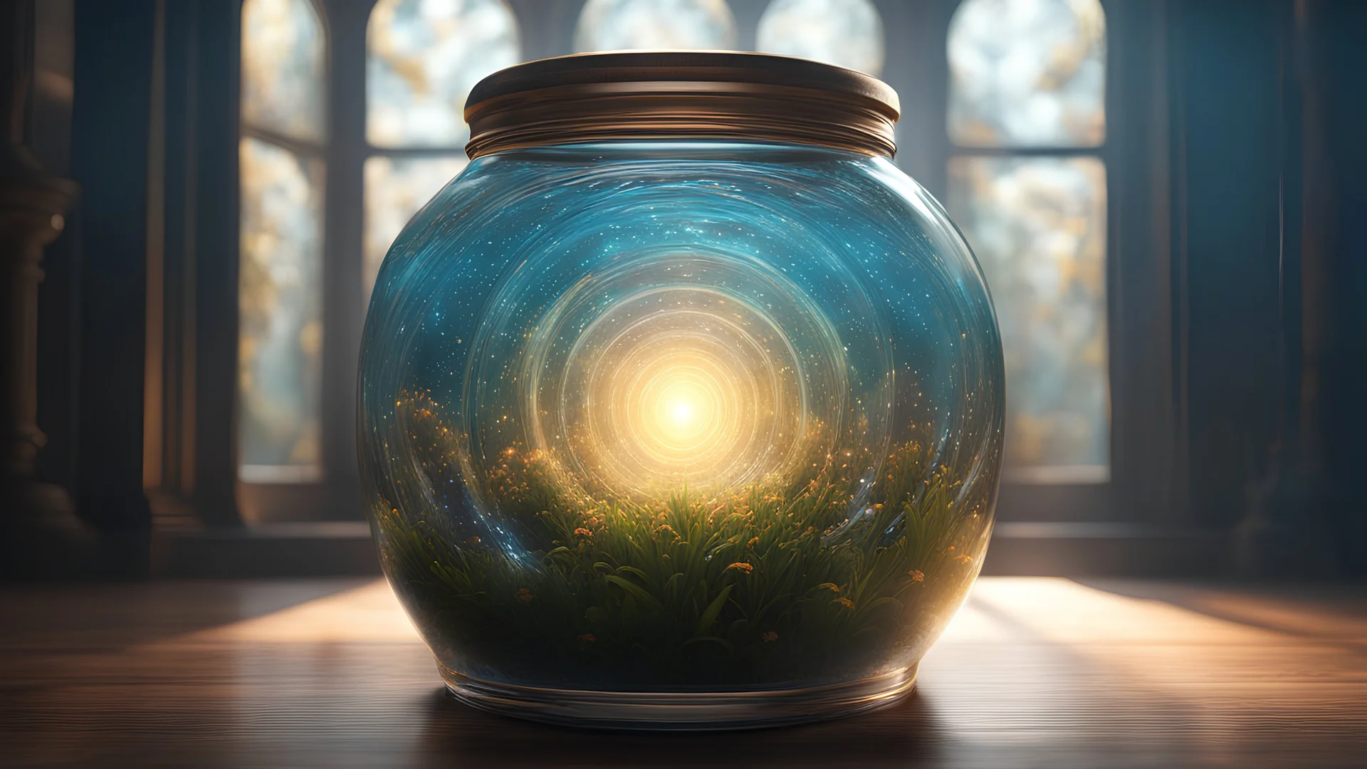 an optical illusion of the universe inside a glass jar, intricate detail, volumetric lighting, epic composition, hyper detailed, ultra realistic, sharp focus, octane render, volumetric, ray tracing, sense of awe, swirling mist, 4 k, cgsociety, sense of awe, mystical, by alphonse mucha, artstation, 8 k