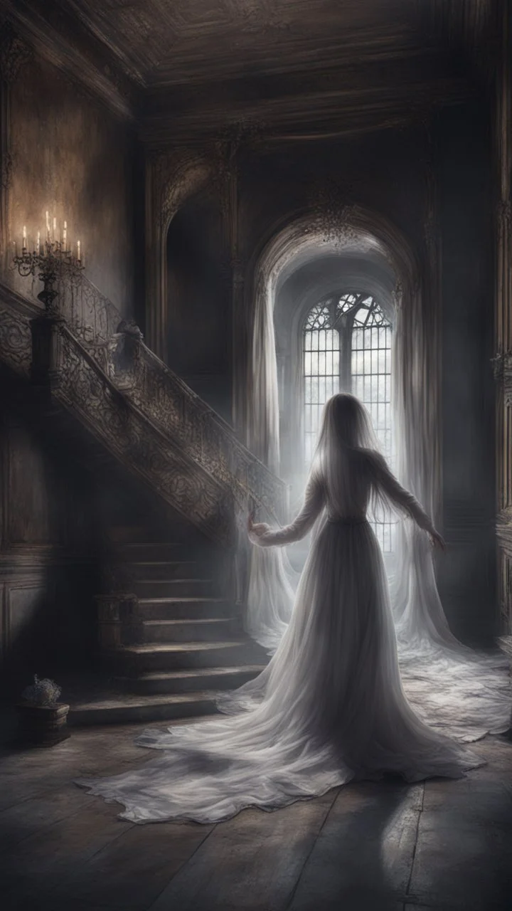 Hyper Realistic Ghost Couple Dancing inside a beautiful but dark-abandoned hall of an abandoned castle with creepy staircase, fancy-frames, candles, & torn-white-curtains behind showing dramatic & cinematic ambiance