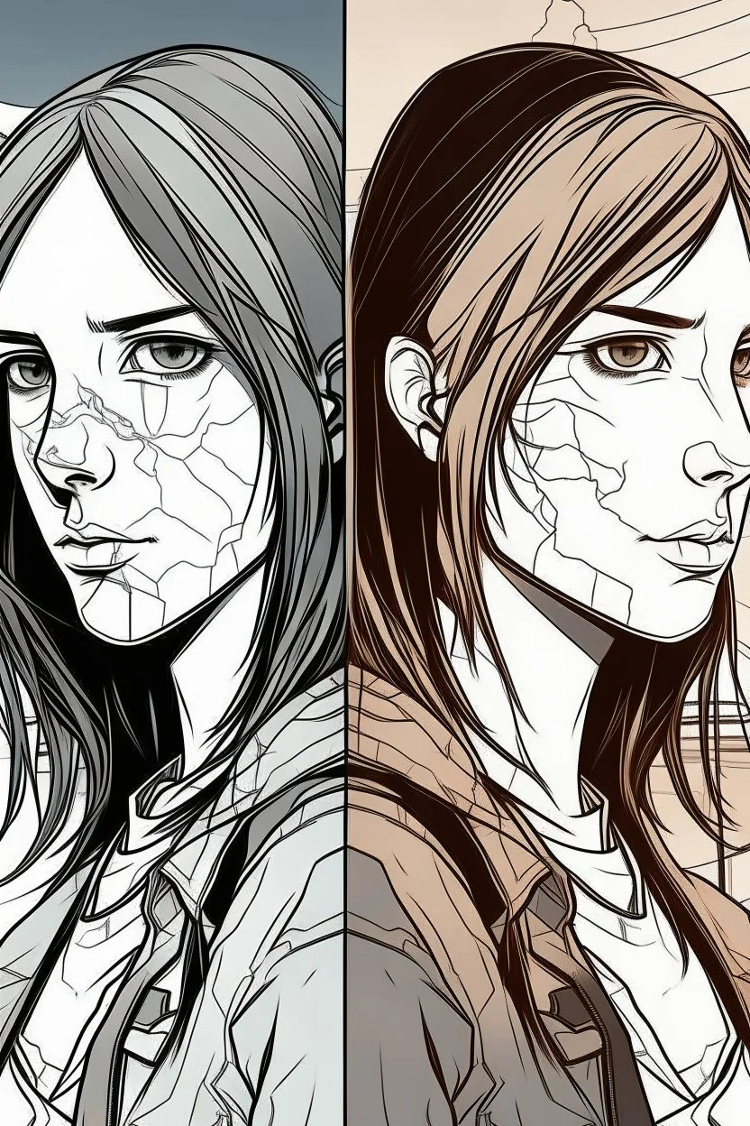 yakın 2 kız arkadaş 2D uzak uzaktan görünüm poz veriyorlar the walking death tarzı kameraya dönük yüzleri değişsin kameraya dönük Gölgelendir 2D ve çizgiler ile gölgelendirme oyun tarzı