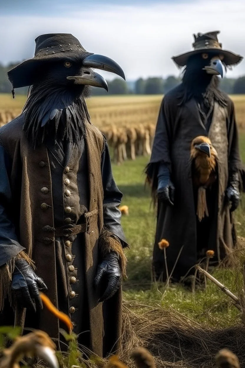 Raben in Kleidung als Bauer in einer Fantesy weld auf einen feld