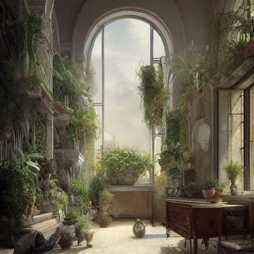  Living room with plants with a big full wall window view on mediterranean city on sea , Vignola architecture,interior design,point of perspective,by Jean Baptiste Monge, Epic cinematic, brilliant stunning, intricate, meticulously, detailed, dramatic atmospheric, maximalist digital matte painting