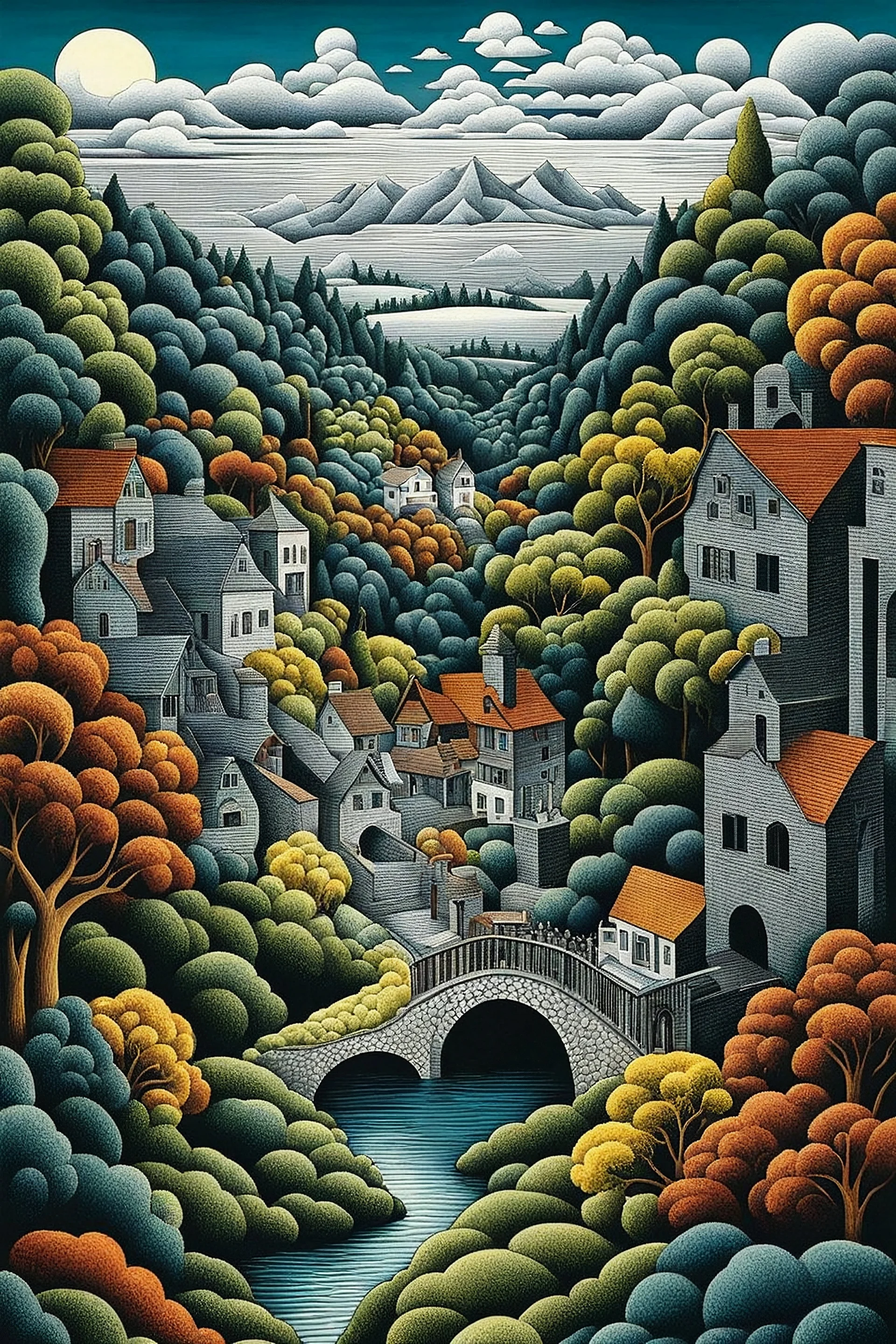 Landscape. M. C. Escher (Maurits Cornelis Escher) style art. Full color