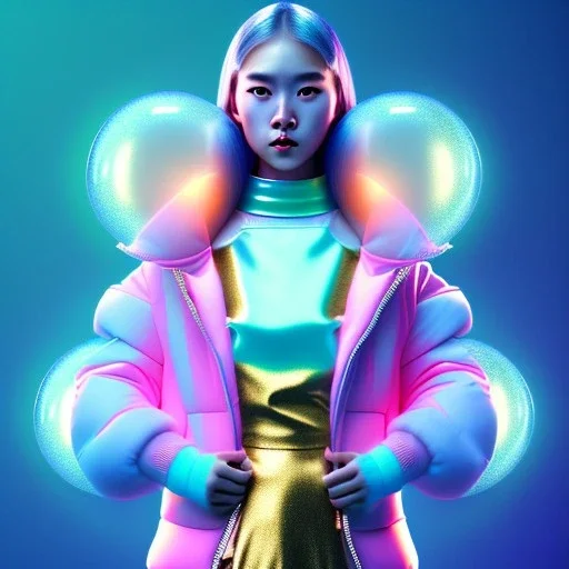 asian woman teenager, few freckles, gold teeth, padded coat, bubbles floating, retro futuristic, latex dress, gradient color, BLUE, PINK, CYAN, neon, insanely detailed, 16k resolution, perfect eyes, cinematic smooth, intricate detail