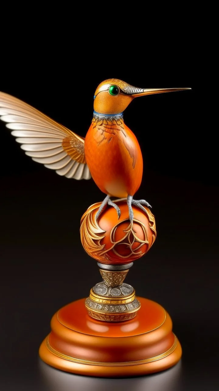 A light rosy orange colored air elemental hummingbird designed in Mayan architecture painted by Peter Carl Faberge