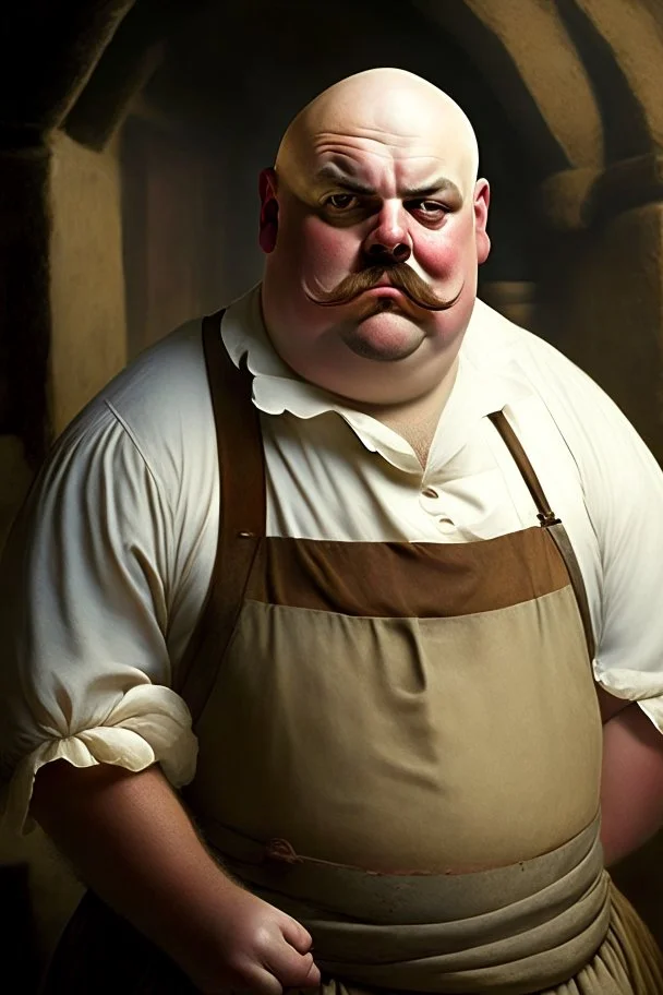 fat bald innkeeper with white dirty apron and moustache